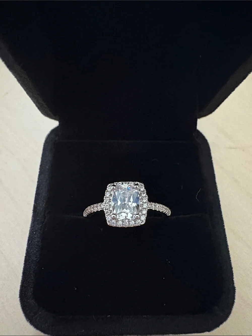 925 Silver Cushion Halo Solitaire Ring in White with Pavé Band - Picture 1 of 4